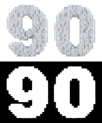 3D Rendering, White volumetric pixel alphabet with alpha mask. An array of voxels from the front, Pixel art, 8-bit, Cubic digits 9.0.