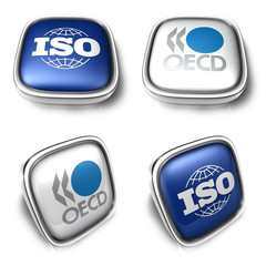 ISO and OECD 3d metalic square Symbol Button Icon Design Series. 3D World Flag Button Icon Design Series.