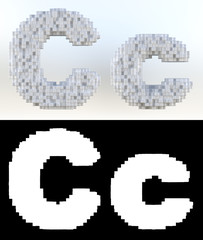 3D Rendering, White volumetric pixel alphabet with alpha mask. An array of voxels from the front, Pixel art, 8-bit, Cubic letter C.