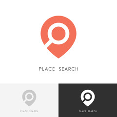 Place search logo - address pointer and loupe or magnifier symbol. Travel agency and location map vector icon.
