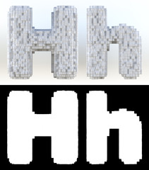 3D Rendering, White volumetric pixel alphabet with alpha mask. An array of voxels from the front, Pixel art, 8-bit, Cubic letter H.