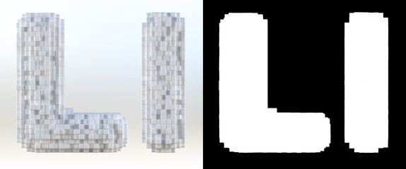 3D Rendering, White volumetric pixel alphabet with alpha mask. An array of voxels from the front, Pixel art, 8-bit, Cubic letter L.