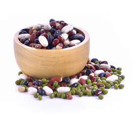 Mix Bean seeds in wooded bowl on white background