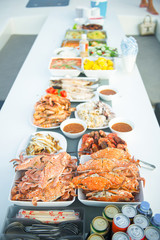 Many grilled seafood served buffet style in the restaurant
