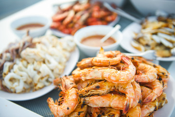 Many grilled seafood served buffet style in the restaurant