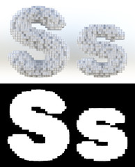 3D Rendering, White volumetric pixel alphabet with alpha mask. An array of voxels from the front, Pixel art, 8-bit, Cubic letter S.