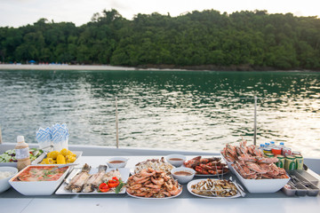 Many grilled seafood served buffet style in the restaurant