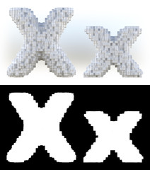 3D Rendering, White volumetric pixel alphabet with alpha mask. An array of voxels from the front,...