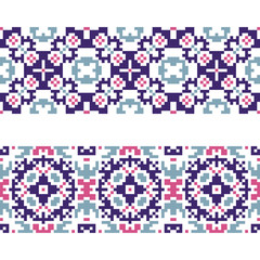 Fototapeta premium Set of 2 seamless borders in american indian style. Embroidery dotted schemes. Pixel navajo backgrounds. Textile geo prints.