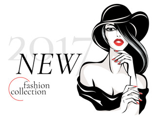 Black and white new fashion collection advertisement with beautiful woman model portrait, vamp style brunette, red lips, hand drawn vector illustration