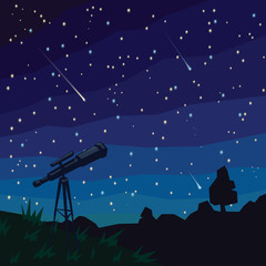 Stargazing. Falling Stars. Natural landscape, night starry sky and telescope on foreground.