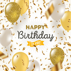 Happy birthday vector illustration - Golden foil confetti and white and glitter gold balloons.