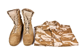 army boots and combat shirt isolated on white background