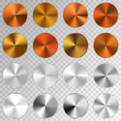 Conic metallic gradients set, cooper, golden, bronze, silver texture collection, shine, glowing objects. Transparent background. Vector illustration. - obrazy, fototapety, plakaty