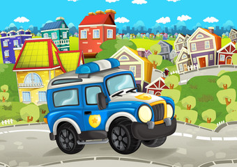 cartoon funny looking policeman off road truck driving through the city - illustration for children