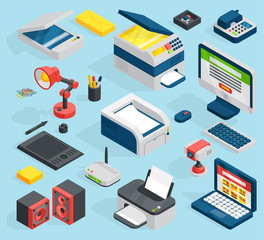 Isometric office equipment technics vector
