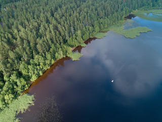 Aerial view of the lake with fishing boat