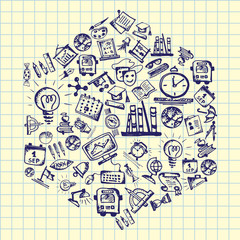 Back to school. Hand drawn school icons and symbols on notebook page.