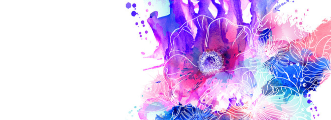 Hand drawn floral illustrations. Abstract pink, purple and blue watercolor blots spread on the white background with flowers branch and poppies.