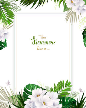 Universal invitation or congratulation card with green tropical palm, monstera leaves and magnolia blooming flowers on the white background. Holiday banner with place for message on the summer poster.