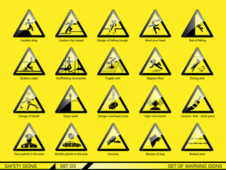 Set of safety warning signs. Signs of danger. Signs of alerts.