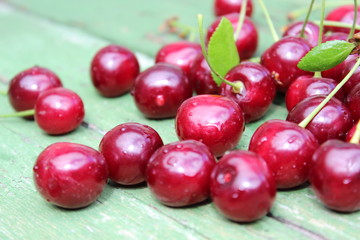 Cherries on a wooden board