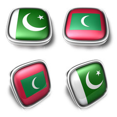 3D Metalic pakistan and maldives square flag Button Icon Design Series. 3D World Flag Button Icon Design Series.