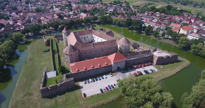 Fagaras Fortress in Transylvania near Brasov, Romania. Aerial video footage shot with a 4K drone.