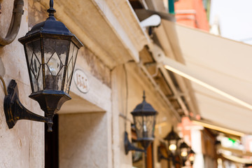 Beautiful old street lamp on a background of venice, Old town of Venice.