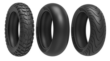 Racing, road and off-road, motorcycle tires. 3d rendering, 3D illustration, isolated on white background