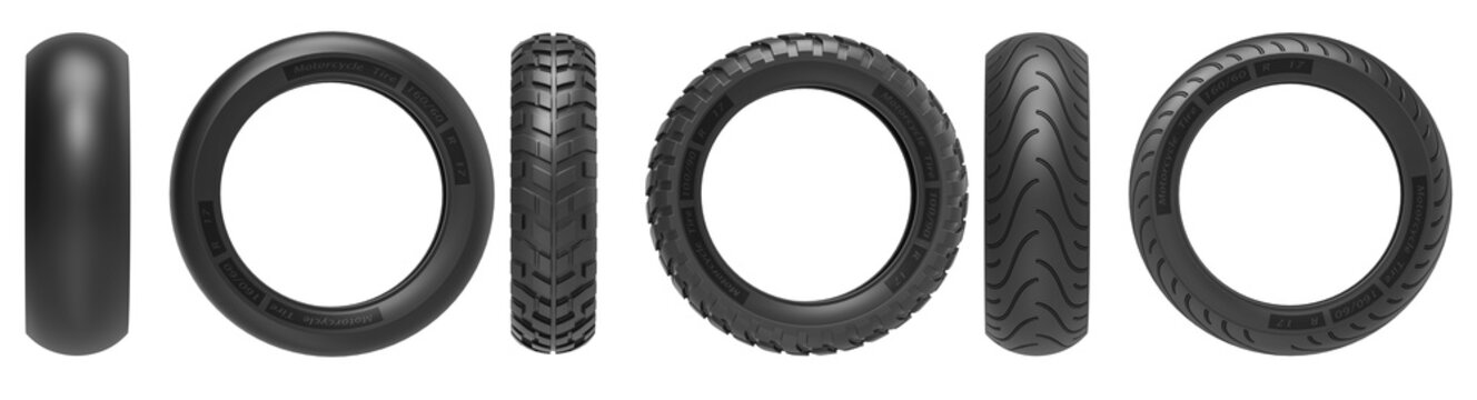 Fototapeta Front and side view of racing, road and off-road, motorcycle tires. 3d rendering, 3D illustration, isolated on white background