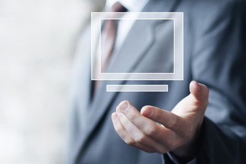 Businessman presses button media computer connection in network