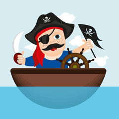 Cheerful sailor on boat, baby illustration, boat at sea