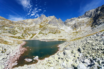 View of "Velke Zabie pleso" - lake near "Chata pod Rysami" mountain shelter and hostel