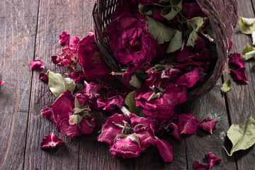 Fototapeta na wymiar Dried rose petals for tea, alternative medicine ,Copy space.