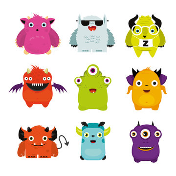 Group of cheerful illustrated monsters, illustration for children, merry, colorful monsters