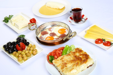 Turkish Breakfast  Table - Fried eggs with sucuk