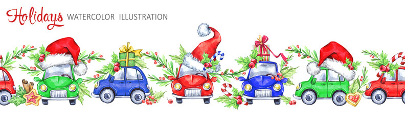 Akwarela bezszwowe poziome girlanda zabawnych samochodów w Santa hat, jagody, liście i prezenty. Kreatywny Nowy Rok. Boże Narodzenie ilustracja Może być stosowany w projektach ferii zimowych, plakatów, zaproszeń. - 166209846
