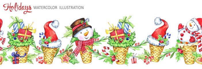Obraz na płótnie Canvas Watercolor seamless horizontal garland. Waffle cone with snowmans, Santa hats and gifts. Funny dessert. Cretive New Year. Christmas illustration. Can be use in winter holidays design, poster.