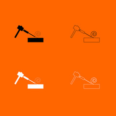 Hammer and wood carpentry  black and white set icon .