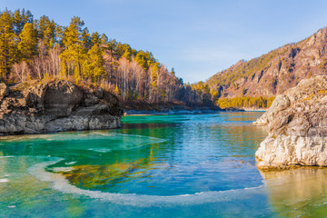 Winter Mountain River and Forest Around