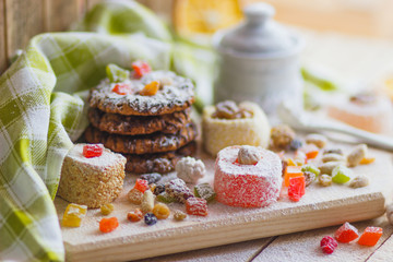 Set of rahat lokum with candied peels, nuts and sugar powder
