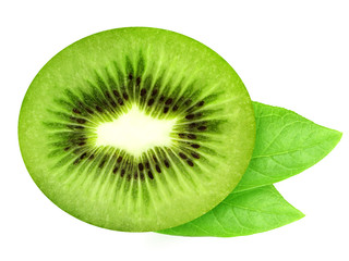 Top view of juicy half of kiwi and leaves isolated on white background. Design element for product label, catalog print, web use.