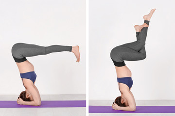 Collage of young woman doing different yoga poses on light wall background