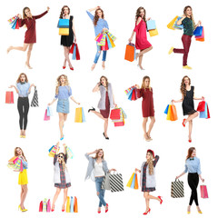 Beautiful women with shopping bags on white background