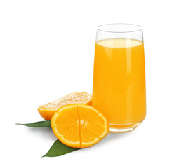 Glass of fresh orange juice on white background