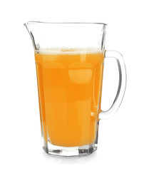 Jug of fresh orange juice on white background