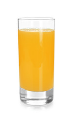 Glass of fresh orange juice on white background