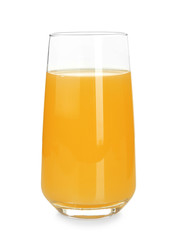 Glass of fresh orange juice on white background
