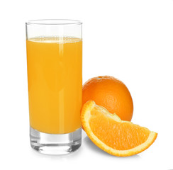 Glass of fresh orange juice on white background